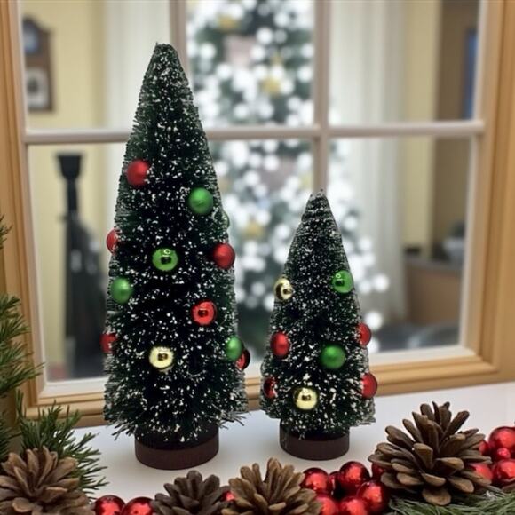 Bottle Brush Trees Set /2 Multicolored Ball Ornaments Table Top Decor 12"/ 8.5" - Picture 1 of 3